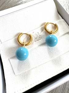 Pearl Rounds Turquoise on Stainless Steel Gold Huggies