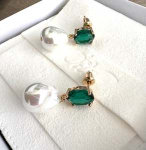The Odi Edit: Paris Green Emerald Oval Stud Baroque Pearl Earrings