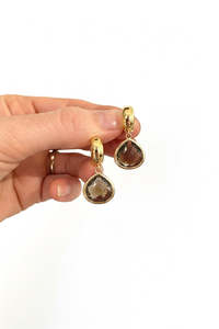 Chocolate Brown Jewel drops on wide Gold Huggies