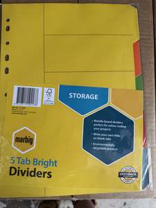 Marbig A4 5 Tab Coloured Board File Divider Set - 10 Pack