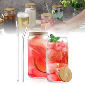 Home Living Kitchen Barware Tableware: Drinking Glasses with Bamboo Lid & Straw Set