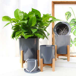 Modern Gray Plastic Plant Pot with Wood Stand - Small