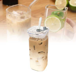 Square Glass Cup with Lid & Glass Straw