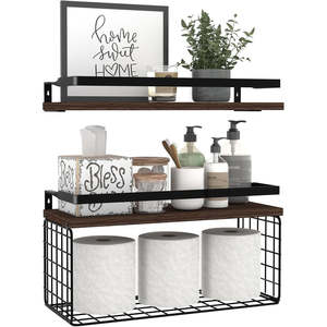 Home Living Bathroom Laundry Other Laundry Storage: Floating Bathroom Shelves with Wire Basket