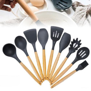 Wood & Silicone Kitchen Utensils - 9 Piece Set