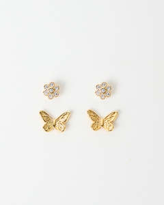 Stella + Gemma Earrings - Set of 2 Gold Flowers & Butterflies