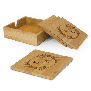 Wooden Coasters: Wreath Initials Bamboo Coaster Set with Holder