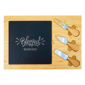 Gifts Under 90: “Blessed” Slate & Bamboo Cheese Board