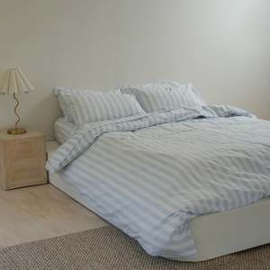 Home: Home Lab - 100% Stonewashed Cotton Duvet Set- Sky Blue Stripe