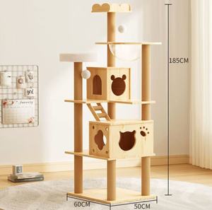 All: 185cm Tall "Paw & Cloud" Wooden Cat Tree – Plush Perch, Space Capsule & Cute Condos