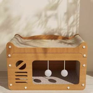 2-in-1 Wooden Cat Scratcher House with Lounge Bed & Toys