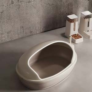 Pre Order Okieepet: Pre-Order: 58cm High-Sided Semi-Enclosed Cat Litter Box with Splash Guard – Cream Beige