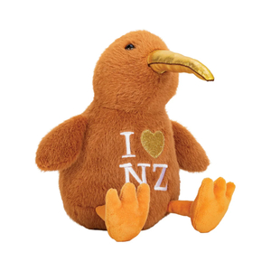 Kiwi Toy Sitting with Gold Beak & I Heart NZ 23cm