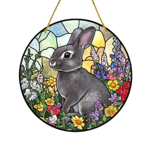 For Humans: Gray Rabbit in Flowers 6-Inch Round Acrylic Hanging Ornament