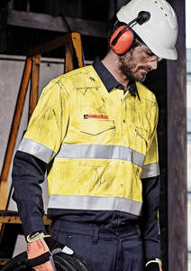Flame Retardant Workwear: Mens Orange Flame Hi Vis Open Front Spliced Shirt - Hoop Taped ZW140