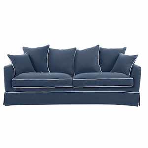 Sofas: Noosa 3 Seat Hamptons Queen Sofa Bed Navy W/White Piping Linen Blend