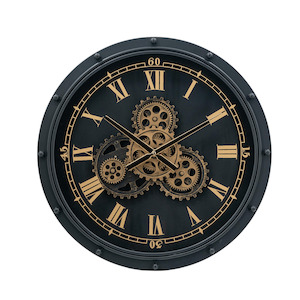 Wall Clocks: Gears Wall Clock Black with Gold Roman Numerals