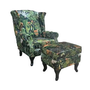 Chairs Bar Stools: Franklin Wingback Patchwork Armchair with Ottoman- Green Forest