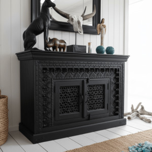 Hall Console Tables: Boho Hand-Carved Solid Teak 2-Door Sideboard – Black