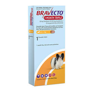 Bravecto 1 Month Triple Chew For X-Small Dog 2.5 to 5kg - 1 Chew