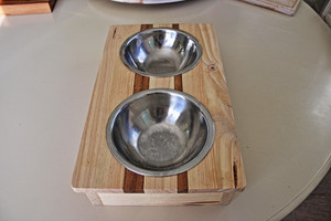 Products: Large Dog Bowl Stand. Funky Design made from Kwila and Pine Woodnbits