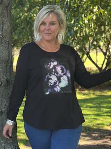 Black Long Sleeve Curved Hem Bouquet Tee