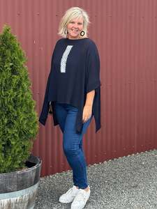 Navy Betsy Top- White Print