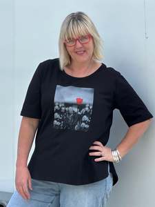 Cashews Fashion Collection Made: Cotton Knit Basic Curved Tee - Black with Print