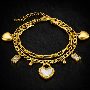 Onyx Double Chain Crystal Heart Bracelet