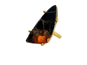 Orange & Black Mojave Copper Turquoise Ring | Gold Plated Brass | Adjustable | H&hellip;