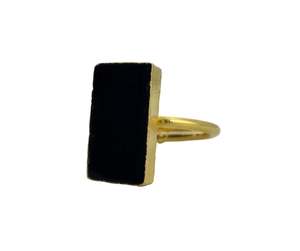 Black Onyx Rectangle Bar Ring | 18K Gold Plated Brass | Adjustable | Handmade