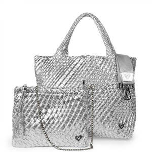Prenelove: preneLove London Large Woven Neoprene Tote Bag with Wrist Clutch Silver Metallic