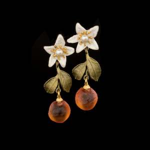 Michael Michaud Orange Blossom Flower Drop Earrings with Cast Glass Oranges