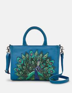 Kath Loves: Yoshi Peacock Leather Appliqued Petrol Blue Multi-Way Grab Bag - YB230 PCK 48