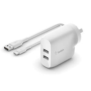 Belkin USB-A 24W Dual Power Adapter (White) 2x 12W/2.4A USB-A Ports & USB-A to U&hellip;