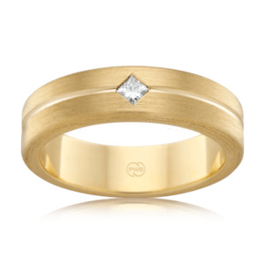 Mens Wedding Rings: Mens Yellow Gold Brushed Wedding Ring with Angled Princess Cut Diamond