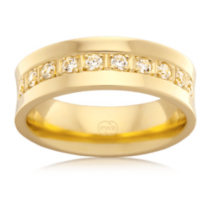Mens Wedding Rings: Mens Curved Wedding Ring in Yellow Gold with Diamonds