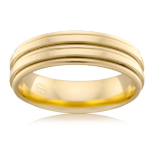 Mens Yellow Gold Wedding Ring with Dual Outer Bands