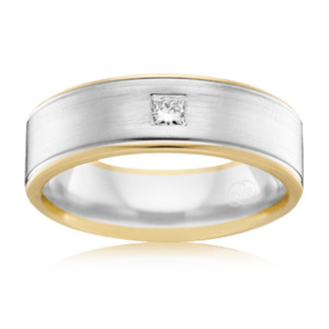 Mens Yellow and White Gold Wedding Ring with Princess Cut Diamond