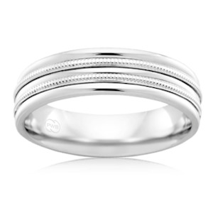 Mens Wedding Rings: Men's White Gold Wedding Ring with Dual Milgrain Exterior Bands