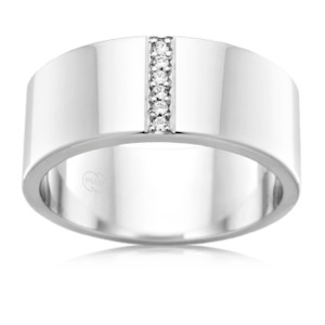 Men's Flat Round White Gold Wedding Ring with Diamond Strip