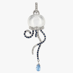 Pendants With Chain: Chantecler Campanelle Jellyfish Pendant in 18kt White Gold with Diamonds, Sapphires & Sunflower Quartz