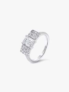 Three Stone Trilogy Engagement Rings: Griglia Emerald Cut Diamond Engagement Ring