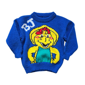 90s: 🔑 Handknit Barney & Friends BJ Sweater (Sz 4-5) (90s Pattern)