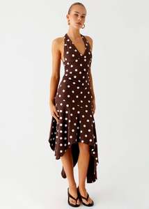Size 8: Pepper Mayo Keylani Halter Midi Dress - Chocolate Polka