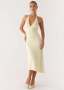 Size 6: Pepper Mayo Illuminate Halter Midi Dress - Butter Yellow