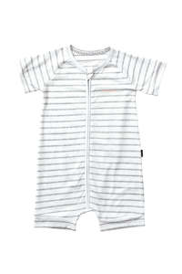 Bonds Essentials: Bonds Short Sleeve Zip Wondersuit Romper - New Grey Marle & White Stripe