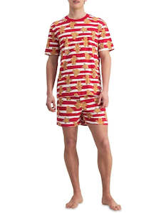 Mens Sleepwear: Bonds Men's Sleep Tee And Short Set in Red - Gingerbread Parade