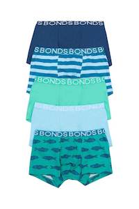 Bonds Boys Trunk 5 Pack - Pale Blue/Fish Print/Navy/Teal Stripe