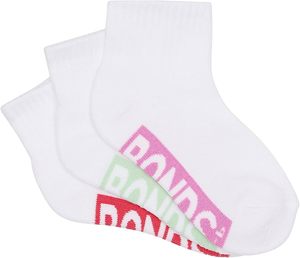 Bonds Kids Cushioned Quarter Crew Socks 3 Pack - Pale Green/Red/Pink